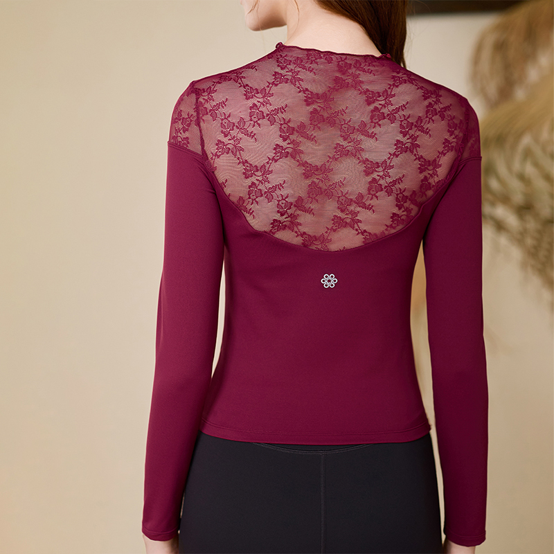 QUEEN YOGA瑜伽服運動健身經典祼感一體杯透氣蕾絲拼接長袖上衣（固定一體杯）