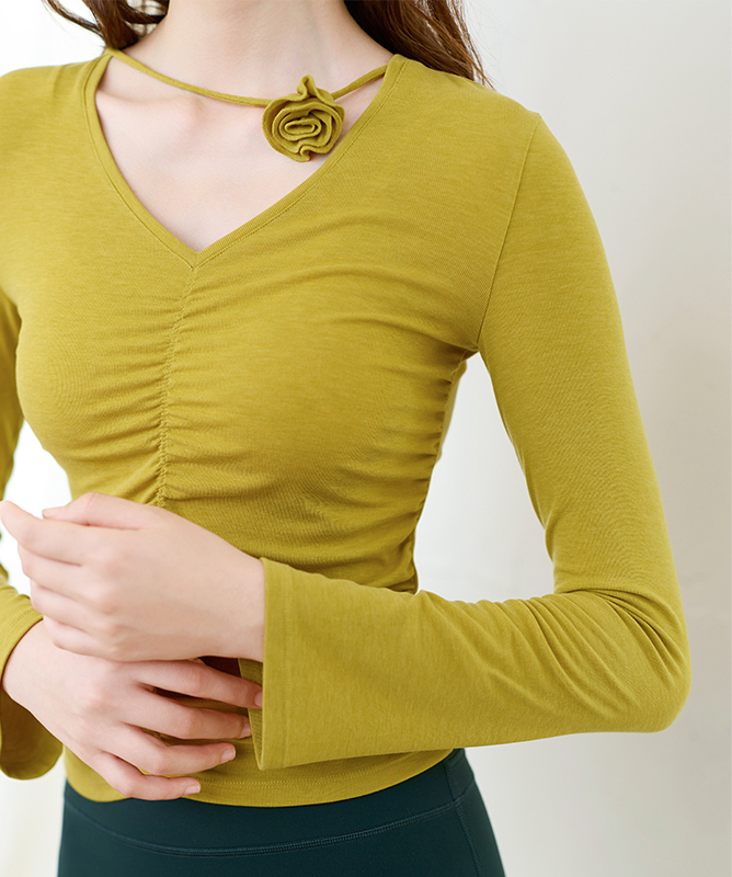 QUEEN YOGA瑜伽服新款羊毛收腰抽褶顯瘦運動優雅瑜伽外搭罩衫（無胸墊款）