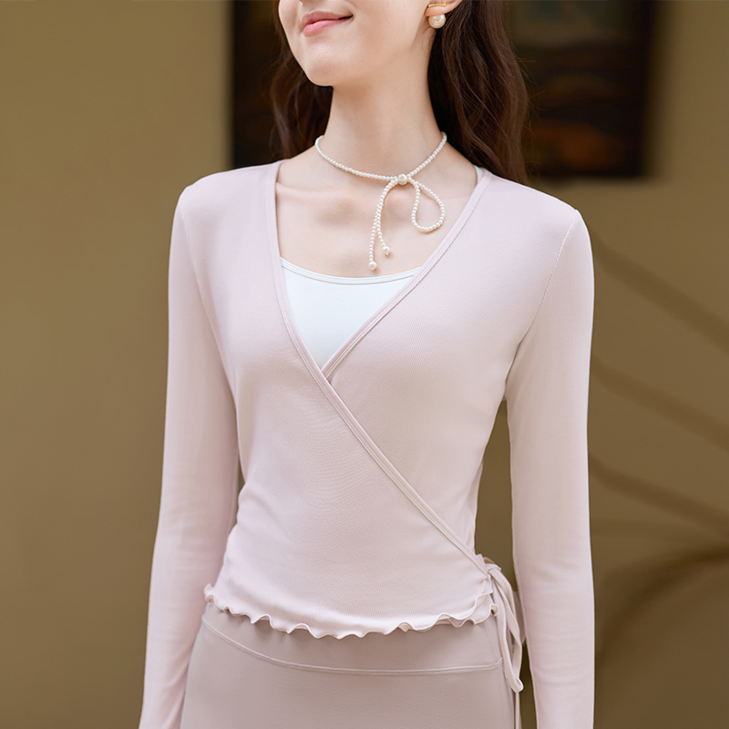 QUEEN YOGA瑜伽服新款天絲木耳邊繫繩休閒透氣長袖外搭罩衫（無胸墊款）