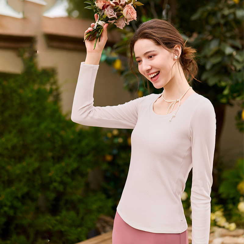 QUEEN YOGA瑜伽服天絲圓領羅紋一體杯修身顯瘦透氣運動瑜伽長袖（固定一體杯）