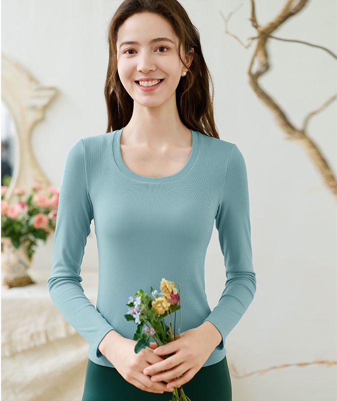 QUEEN YOGA瑜伽服天絲圓領羅紋一體杯修身顯瘦透氣運動瑜伽長袖（固定一體杯）