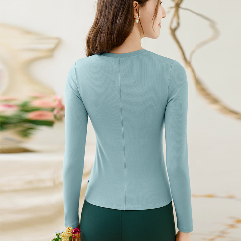 QUEEN YOGA瑜伽服天絲圓領羅紋一體杯修身顯瘦透氣運動瑜伽長袖（固定一體杯）