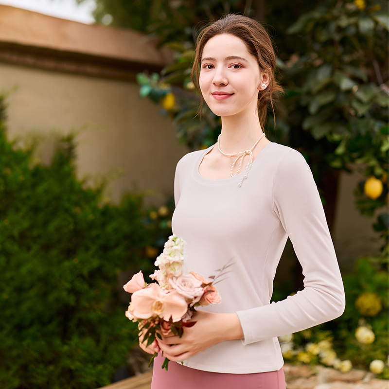 QUEEN YOGA瑜伽服天絲圓領羅紋一體杯修身顯瘦透氣運動瑜伽長袖（固定一體杯）