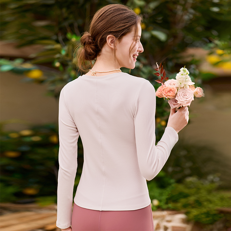 QUEEN YOGA瑜伽服天絲圓領羅紋一體杯修身顯瘦透氣運動瑜伽長袖（固定一體杯）