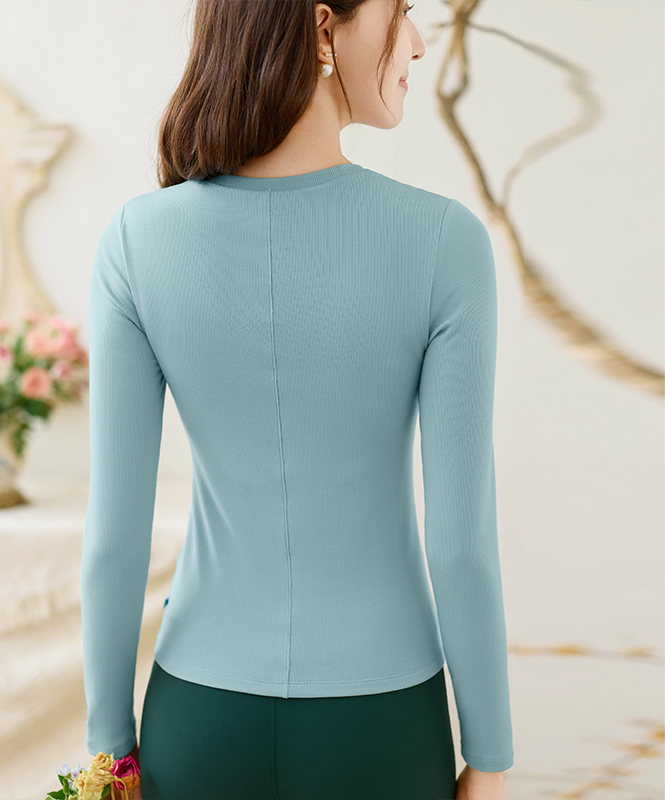 QUEEN YOGA瑜伽服天絲圓領羅紋一體杯修身顯瘦透氣運動瑜伽長袖（固定一體杯）