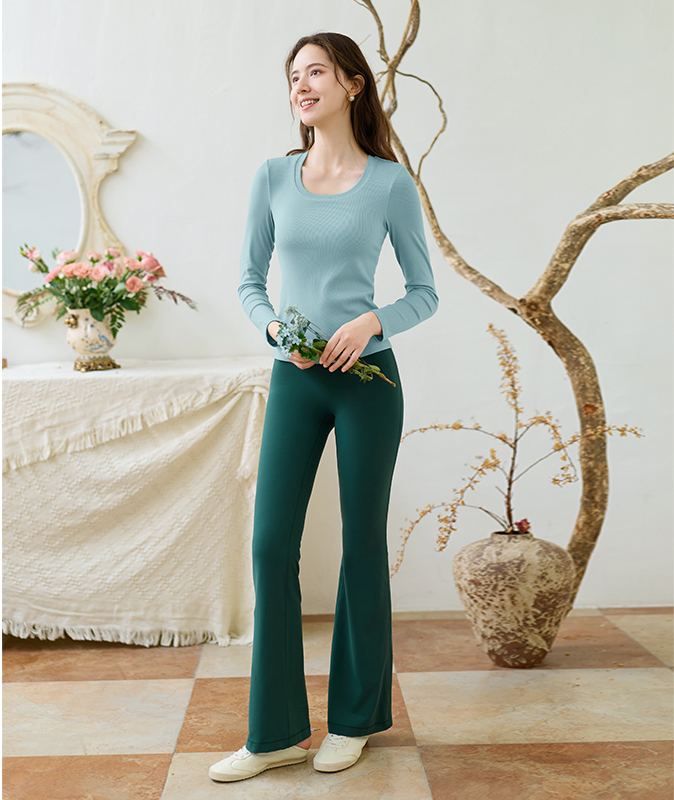 QUEEN YOGA瑜伽服天絲圓領羅紋一體杯修身顯瘦透氣運動瑜伽長袖（固定一體杯）