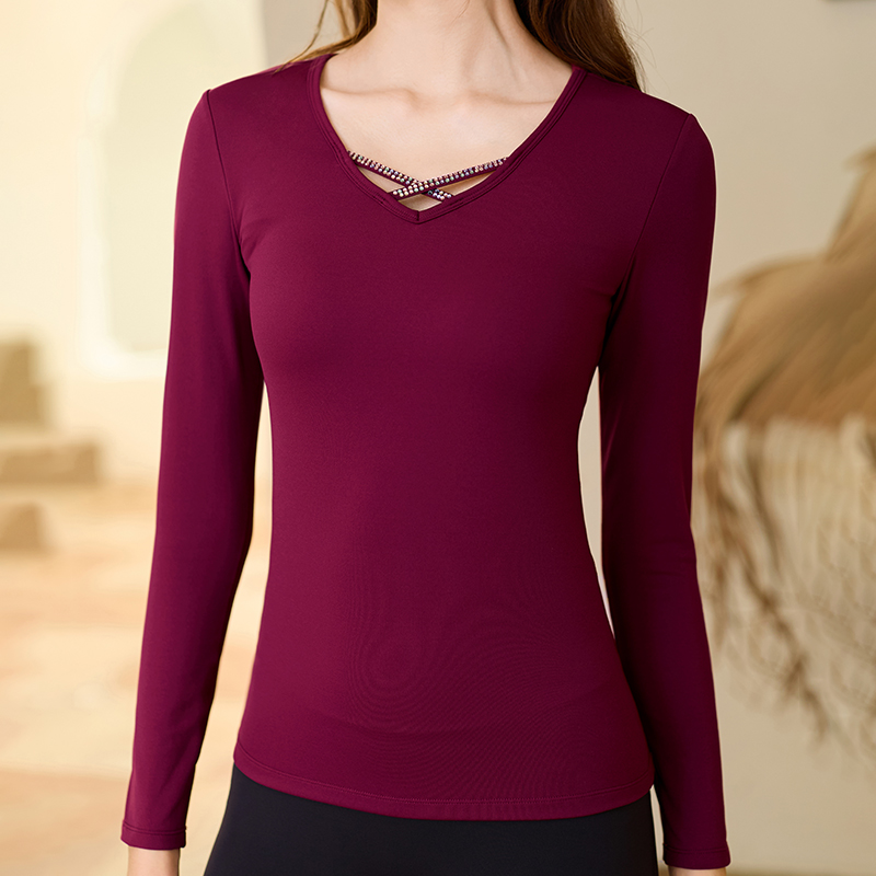 QUEEN YOGAG瑜伽服運動健身透氣V領顯瘦一體杯長袖T恤（固定一體杯）