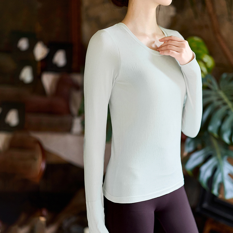 QUEEN YOGA瑜伽服一體杯運動健身閃閃線無縫一體織長袖（固定一體杯）