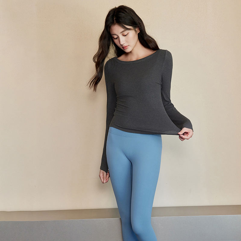 QUEEN YOGA瑜伽服圓領長袖修身長袖T恤一字領（無胸墊款）