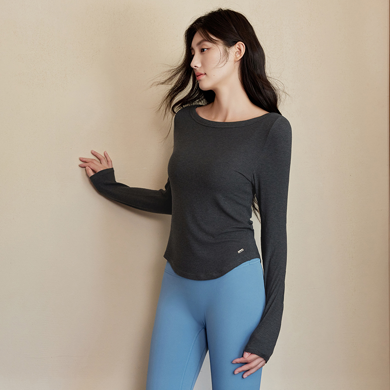 QUEEN YOGA瑜伽服圓領長袖修身長袖T恤一字領（無胸墊款）