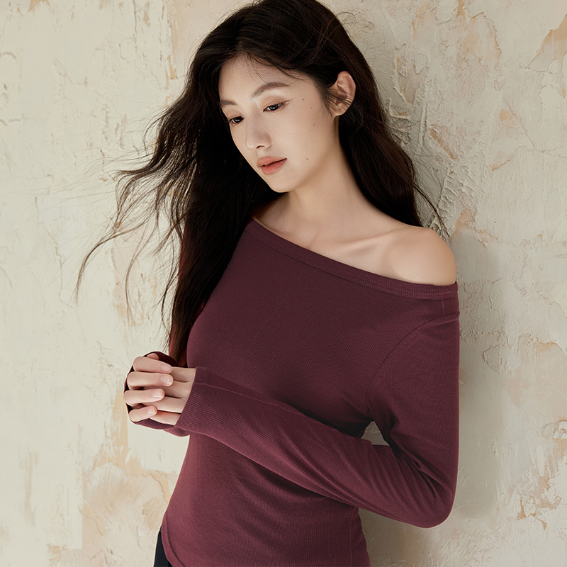 QUEEN YOGA瑜伽服圓領長袖修身長袖T恤一字領（無胸墊款）