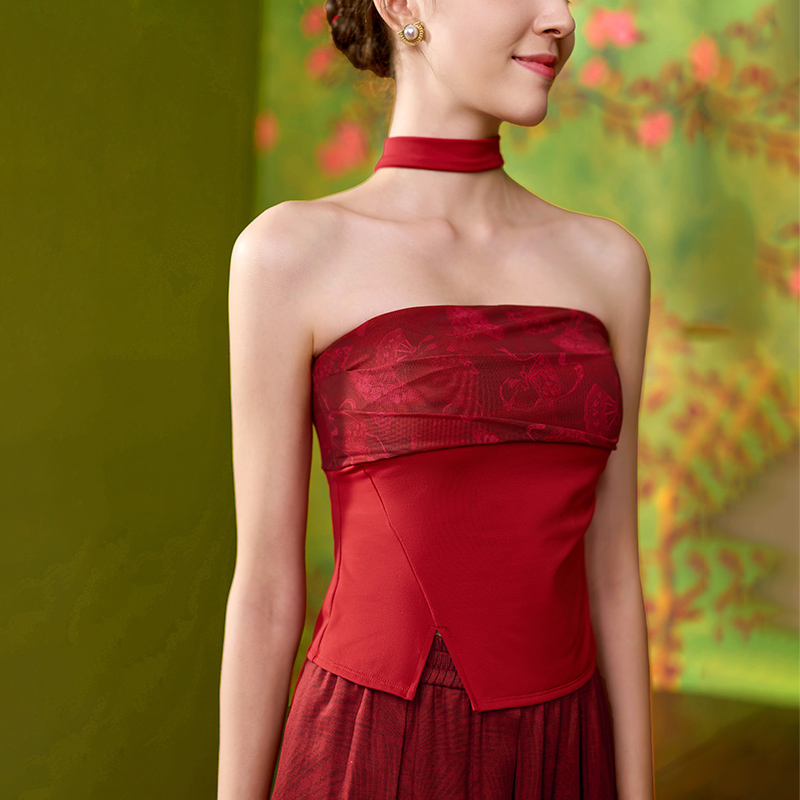 QUEEN YOGA瑜伽服裸感無肩帶防滑一體杯蕾絲抹胸內搭瑜伽背心（固定一體杯）