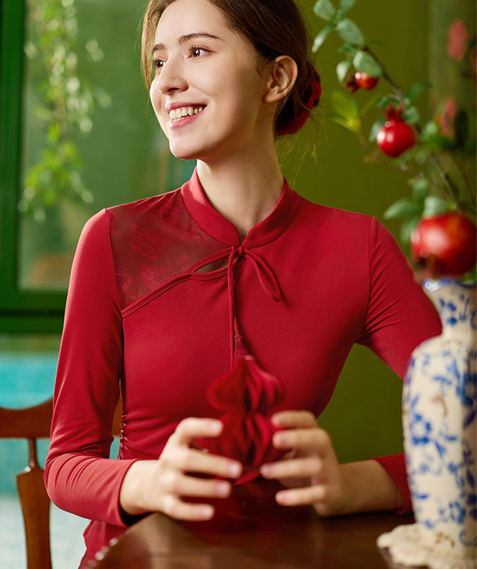 QUEEN  YOGA瑜伽服新中式鏤空蕾絲拼接一體杯瑜伽長褲（固定一體杯）