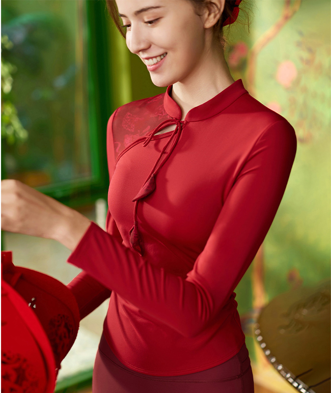 QUEEN  YOGA瑜伽服新中式鏤空蕾絲拼接一體杯瑜伽長褲（固定一體杯）