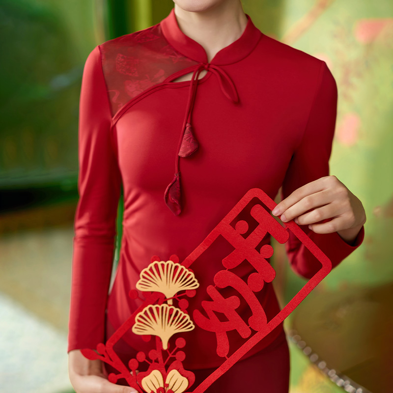 QUEEN  YOGA瑜伽服新中式鏤空蕾絲拼接一體杯瑜伽長褲（固定一體杯）