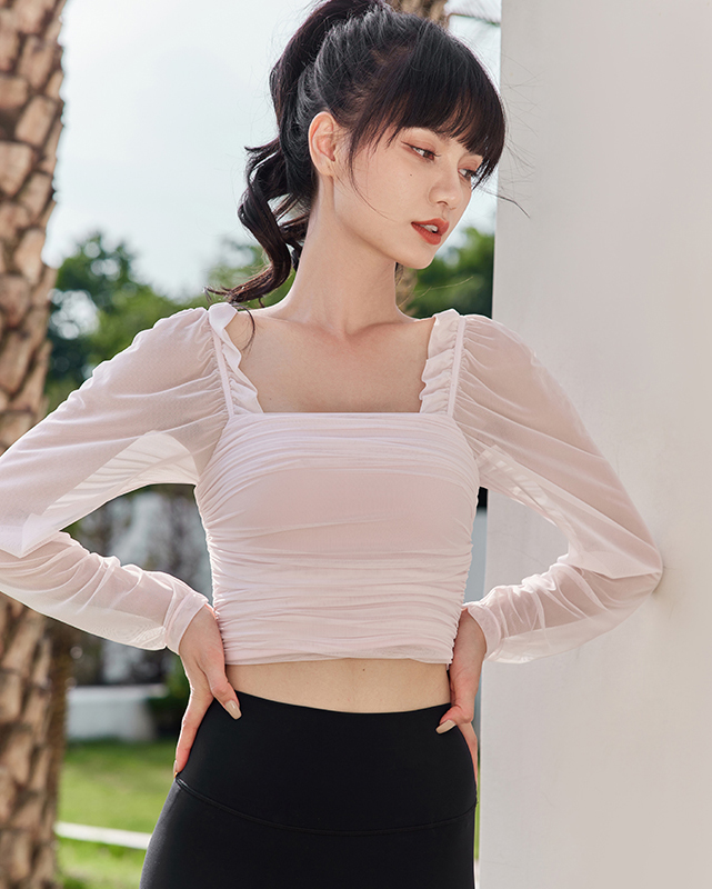 QUEEN YOGA瑜伽網紗長袖上衣（內含胸墊）