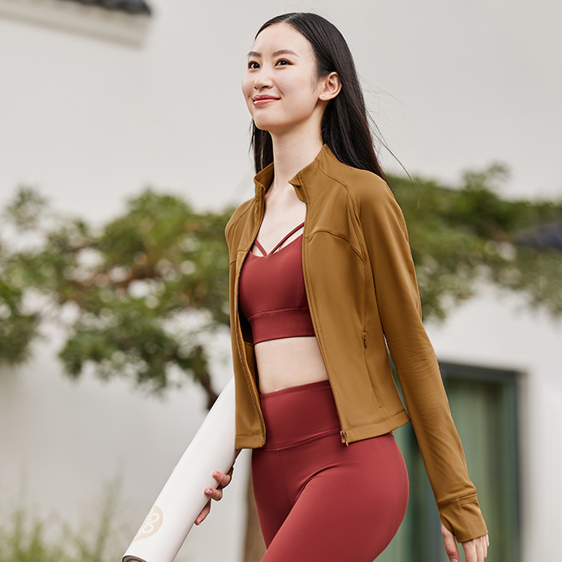 QUEEN YOGA瑜伽跑步健身服修身短款長袖祼感高彈力運動外套