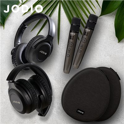 JODIO 藍芽行動KTV耳機豪華組 二入 (酷黑)+專用時尚收納包 (灰黑)