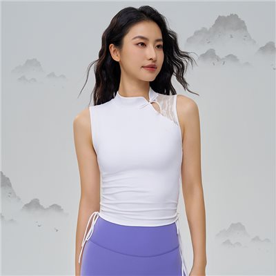 QUEEN YOGA蕾絲盤扣時尚拼接運動瑜珈背心(附可拆卸式胸墊)