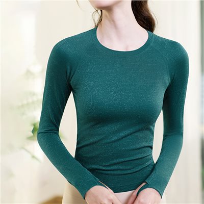 QUEEN YOGA瑜伽圓領簡約透氣時尚大方運動戶外一體織長袖上衣（無胸墊款）