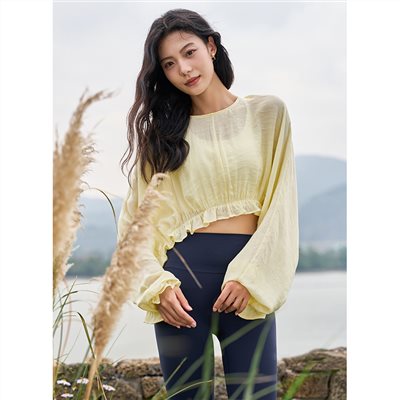 QUEEN YOGA唯美燈籠抽皺運動瑜伽長袖罩衫(不含胸墊)