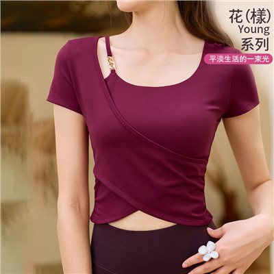 QUEEN YOGA瑜伽服收腰抽裙顯瘦運動短袖一體杯上衣（固定一體杯）