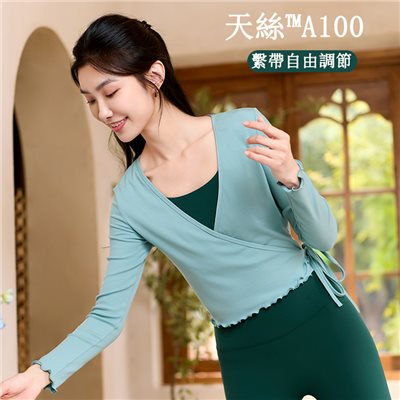QUEEN YOGA瑜伽服新款天絲木耳邊繫繩休閒透氣長袖外搭罩衫（無胸墊款）