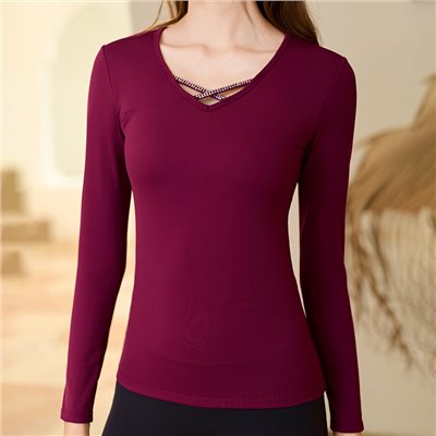 QUEEN YOGAG瑜伽服運動健身透氣V領顯瘦一體杯長袖T恤（固定一體杯）